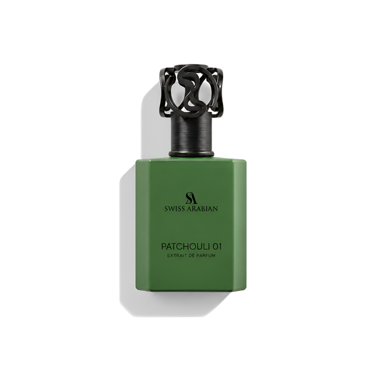 Bottle of Swiss Arabian Patchouli 01 Extrait fragrance on a white background with soft shadow