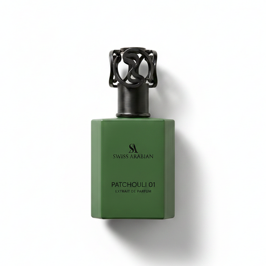 Bottle of Swiss Arabian Patchouli 01 fragrance on a white background with soft shadow