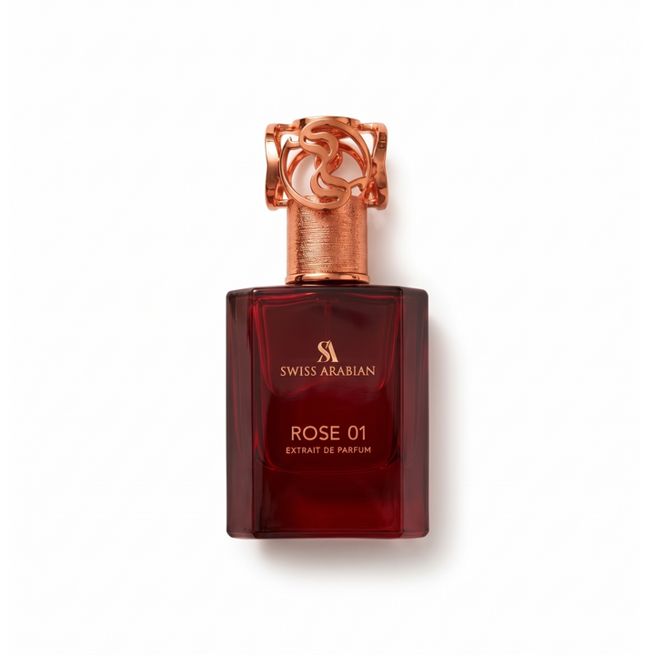 Bottle of Swiss Arabian Rose 01 EDP fragrance on a white background with soft shadow