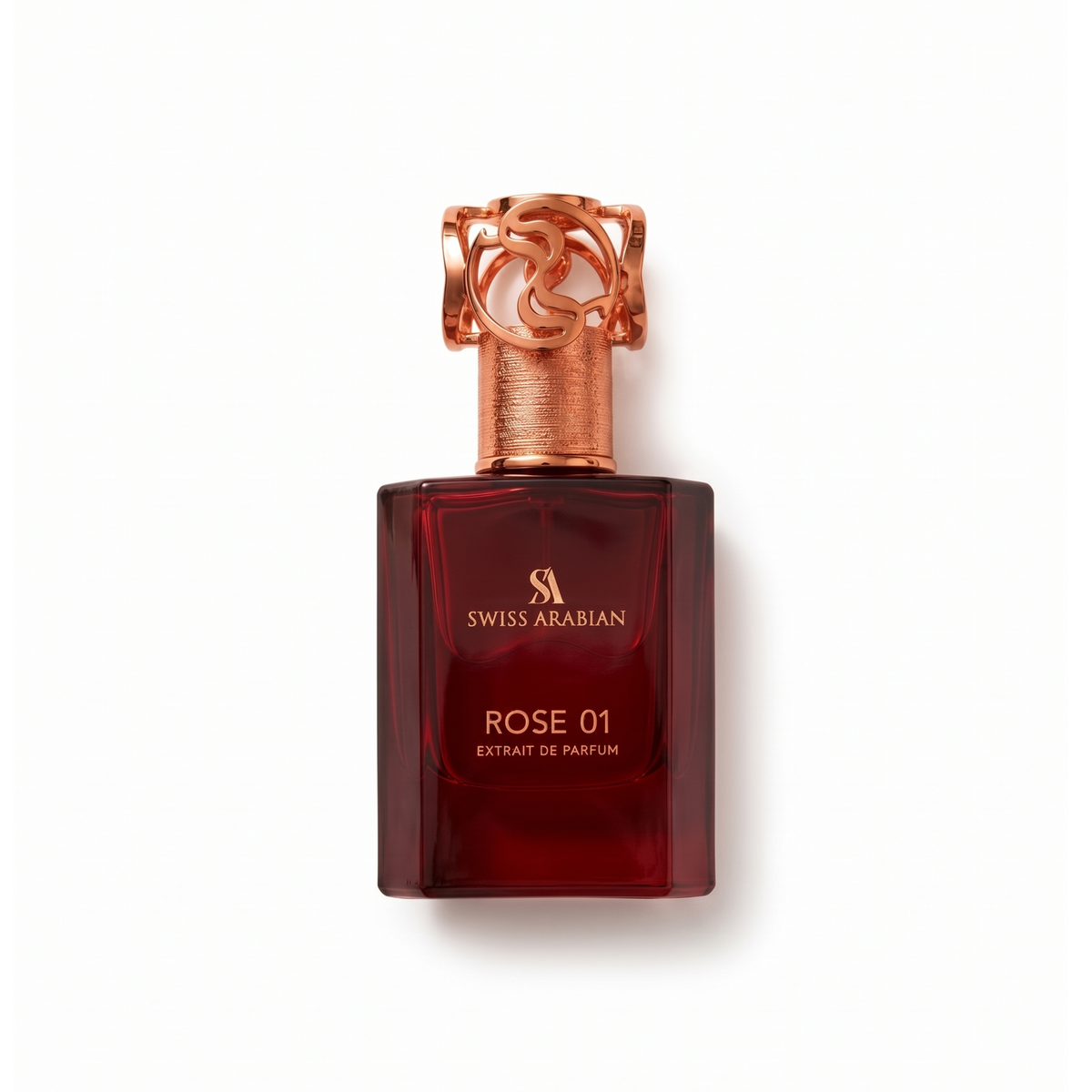 Bottle of Swiss Arabian Rose 01 EDP fragrance on a white background with soft shadow