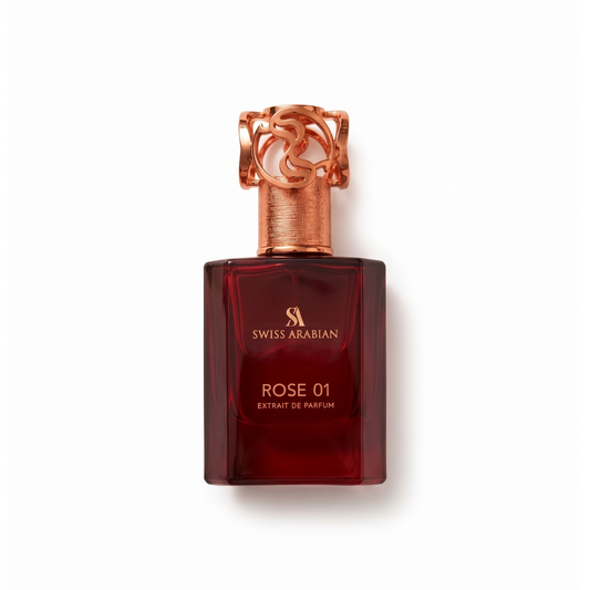 Bottle of Swiss Arabian Rose 01 EDP fragrance on a white background with soft shadow