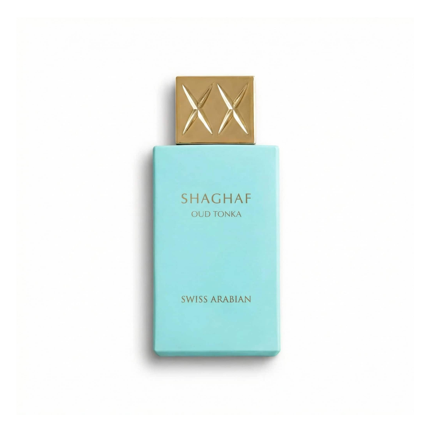 Bottle of Swiss Arabian Shaghaf Oud Tonka EDP fragrance on a white background with soft shadow