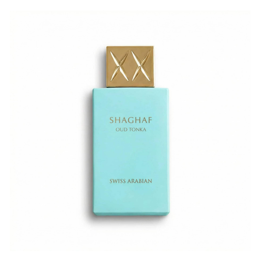 Bottle of Swiss Arabian Shaghaf Oud Tonka EDP fragrance on a white background with soft shadow
