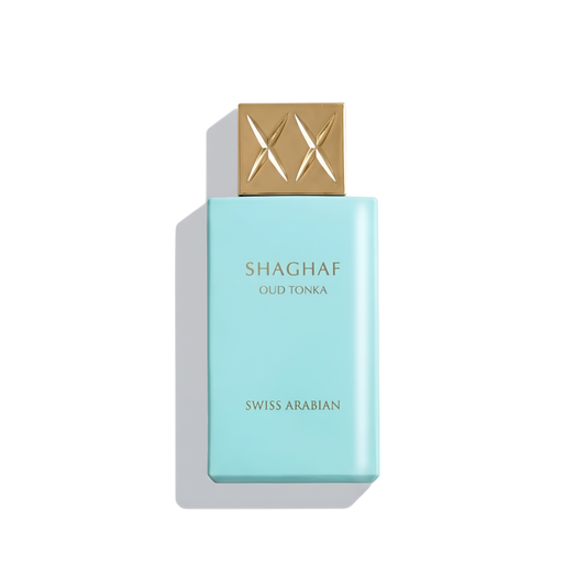 Bottle of Swiss Arabian Shaghaf Oud Tonka EDP fragrance on a white background with soft shadow