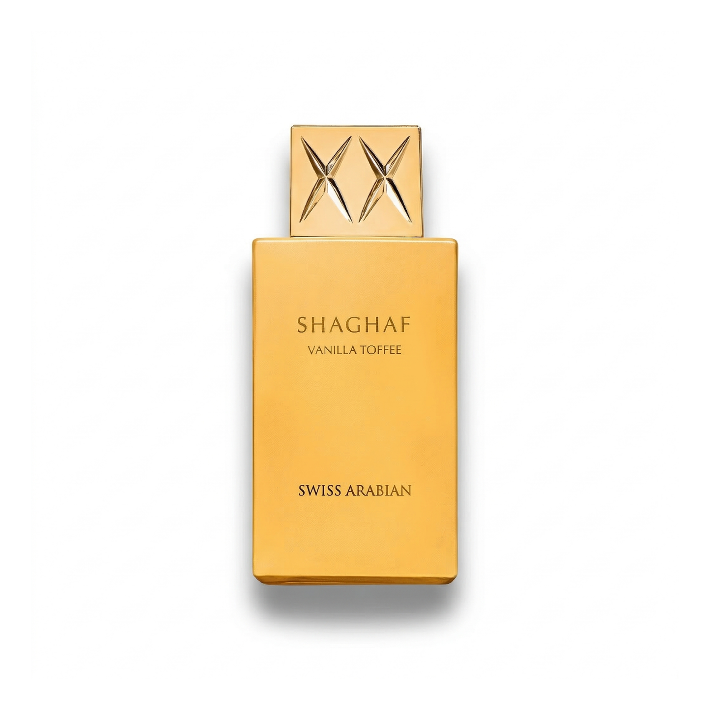 Bottle of Swiss Arabian Shaghaf Vanilla Toffee EDP fragrance on a white background with soft shadow