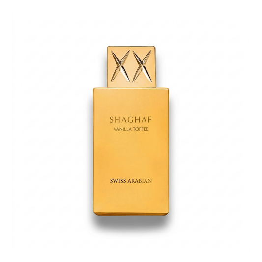 Bottle of Swiss Arabian Shaghaf Vanilla Toffee EDP fragrance on a white background with soft shadow