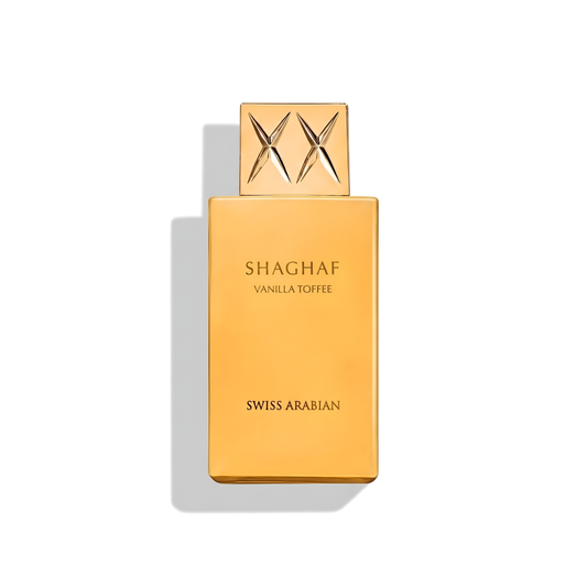 Bottle of Swiss Arabian Shaghaf Vanilla Toffee EDP fragrance on a white background with soft shadow