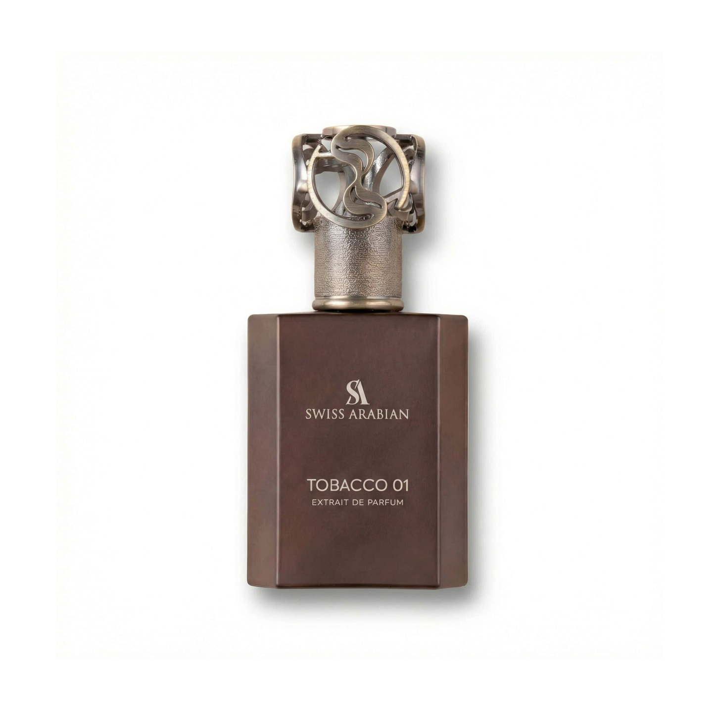 Bottle of Swiss Arabian Tobacco 01 EDP fragrance on a white background with soft shadow