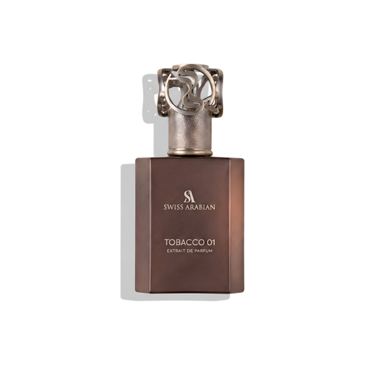 Bottle of Swiss Arabian Tobacco 01 Extrait fragrance on a white background with soft shadow