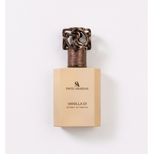 Bottle of Swiss Arabian Vanilla 01 Extrait fragrance on a white background with soft shadow