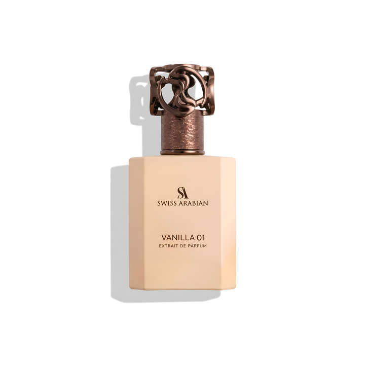 Bottle of Swiss Arabian Vanilla 01 Extrait fragrance on a white background with soft shadow