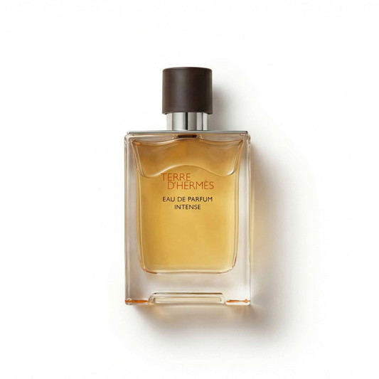 Bottle of Terre D'Hermes Eau de Parfum Intense fragrance on a white background with soft shadow