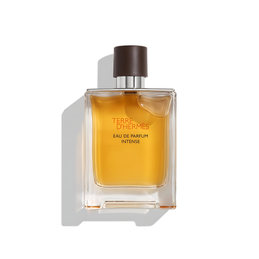 Bottle of Terre D'Hermes Eau de Parfum Intense fragrance on a white background with soft shadow