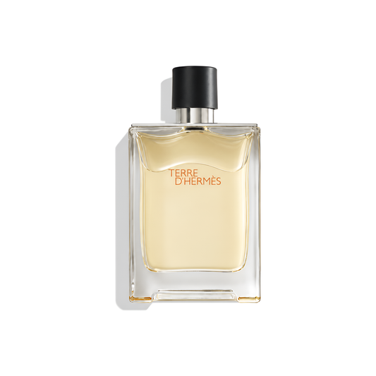Bottle of Terre D'Hermes Parfum fragrance on a white background with soft shadow