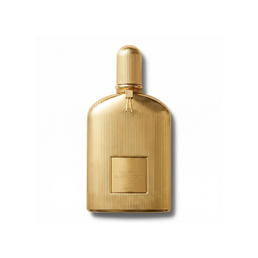 Bottle of Tom Ford Black Orchid Parfum fragrance on a white background with soft shadow