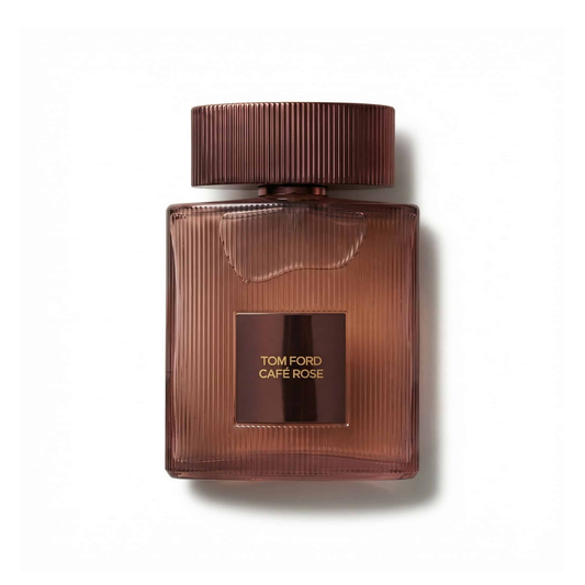 Bottle of Tom Ford Cafe Rose (2023) EDP fragrance on a white background with soft shadow