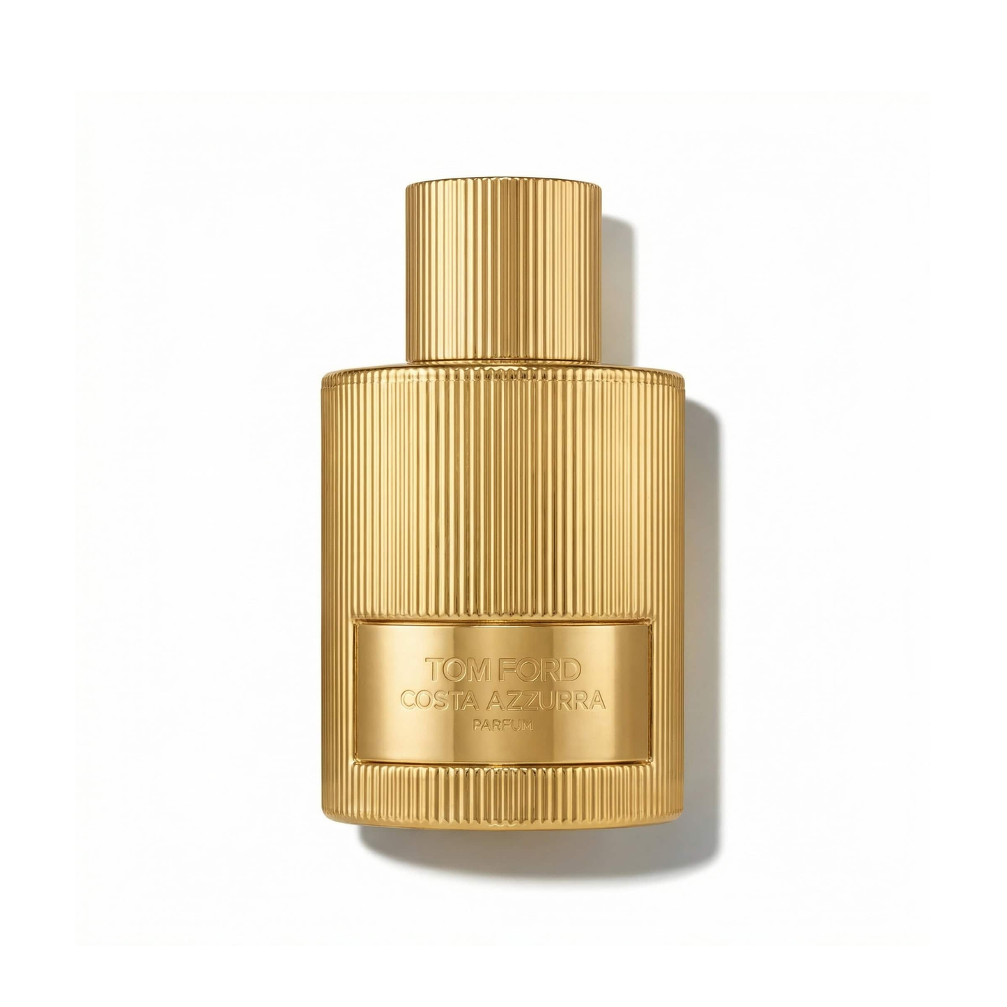 Bottle of Tom Ford Costa Azzurra Parfum fragrance on a white background with soft shadow