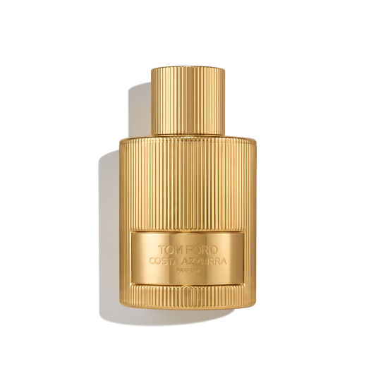 Bottle of Tom Ford Costa Azzurra Parfum fragrance on a white background with soft shadow