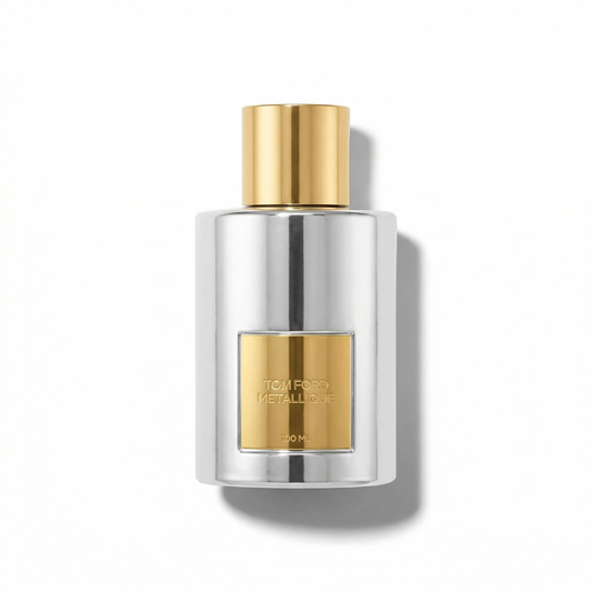 Bottle of Tom Ford Metallique EDP fragrance on a white background with soft shadow