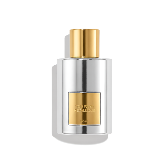 Bottle of Tom Ford Metallique EDP fragrance on a white background with soft shadow