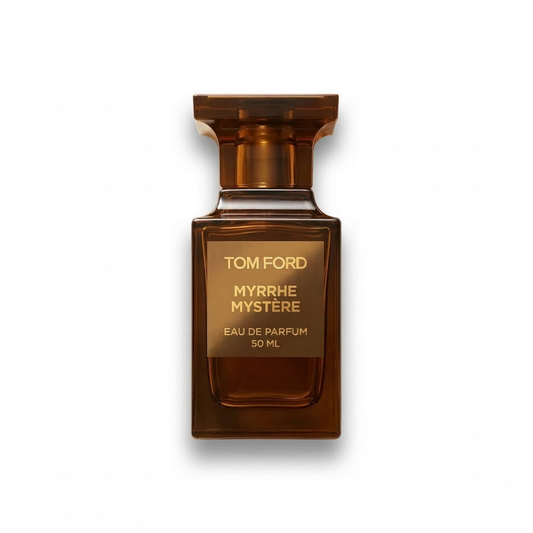 Bottle of Tom Ford Myrrhe Mystère EDP fragrance on a white background with soft shadow
