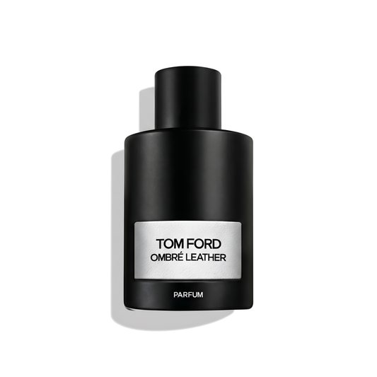 Bottle of Tom Ford Ombre Leather Parfum fragrance on a white background with soft shadow