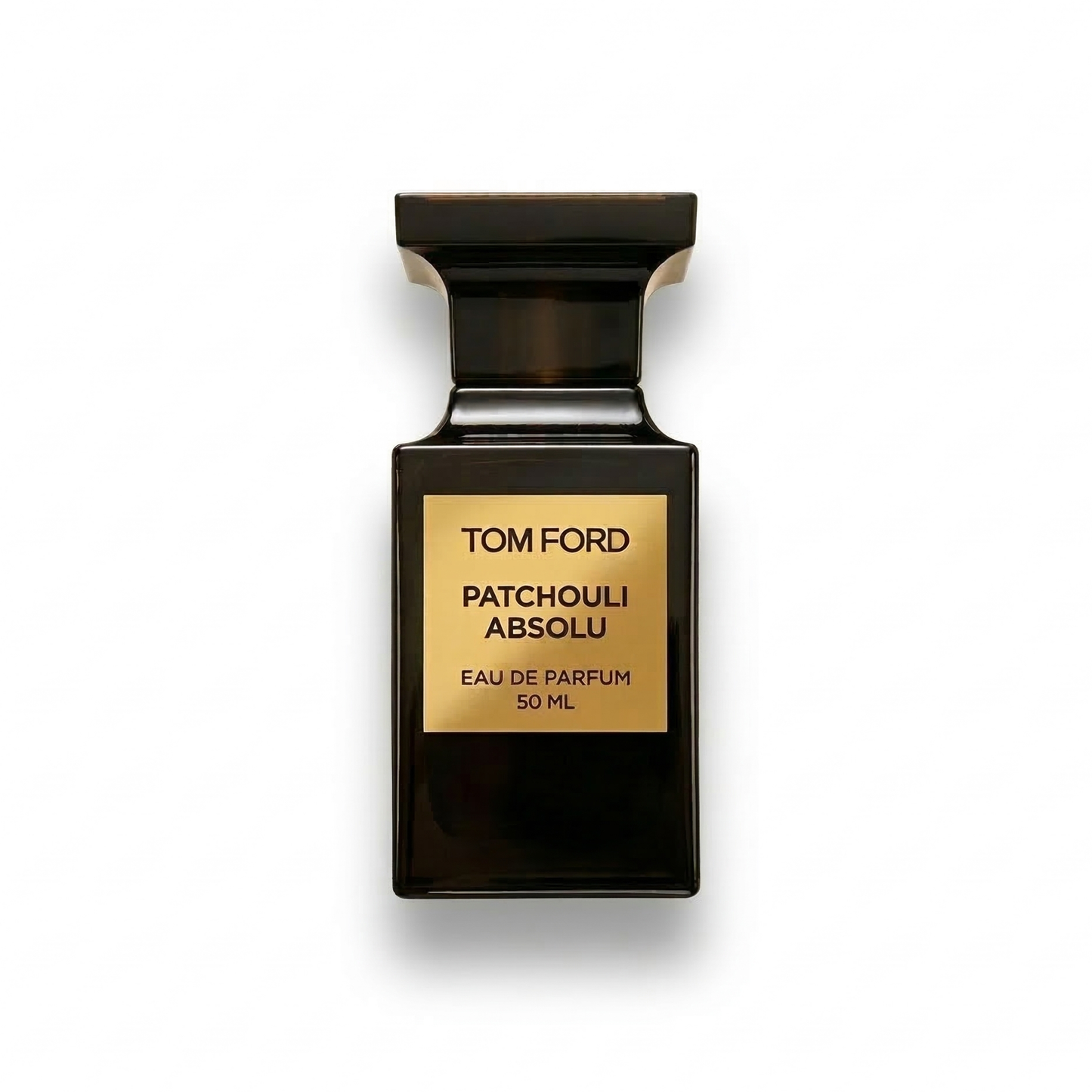 Bottle of Tom Ford Patchouli Absolu fragrance on a white background with soft shadow