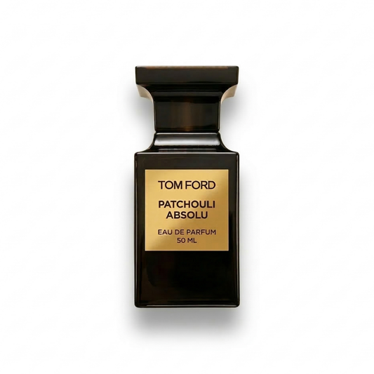 Bottle of Tom Ford Patchouli Absolu fragrance on a white background with soft shadow