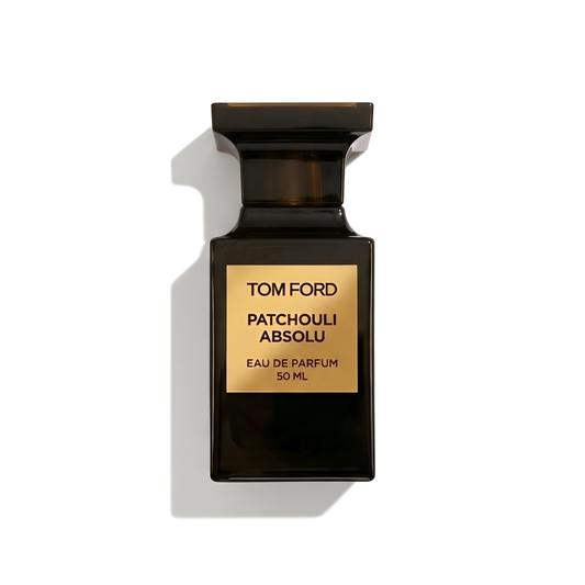 Bottle of Tom Ford Patchouli Absolu fragrance on a white background with soft shadow