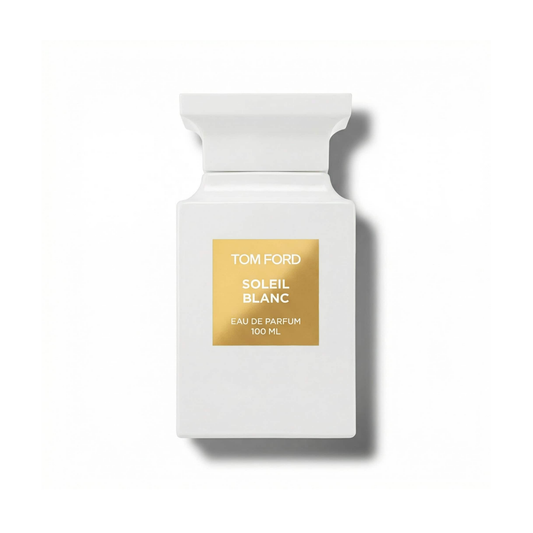 Bottle of Tom Ford Soleil Blanc EDP fragrance on a white background with soft shadow