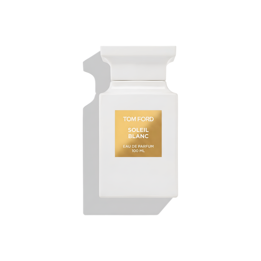 Bottle of Tom Ford Soleil Blanc EDP fragrance on a white background with soft shadow