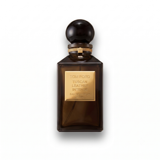 Bottle of Tom Ford Tuscan Leather Intense EDP fragrance on a white background with soft shadow