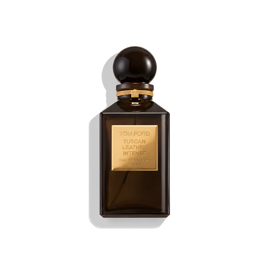 Bottle of Tom Ford Tuscan Leather Intense EDP fragrance on a white background with soft shadow