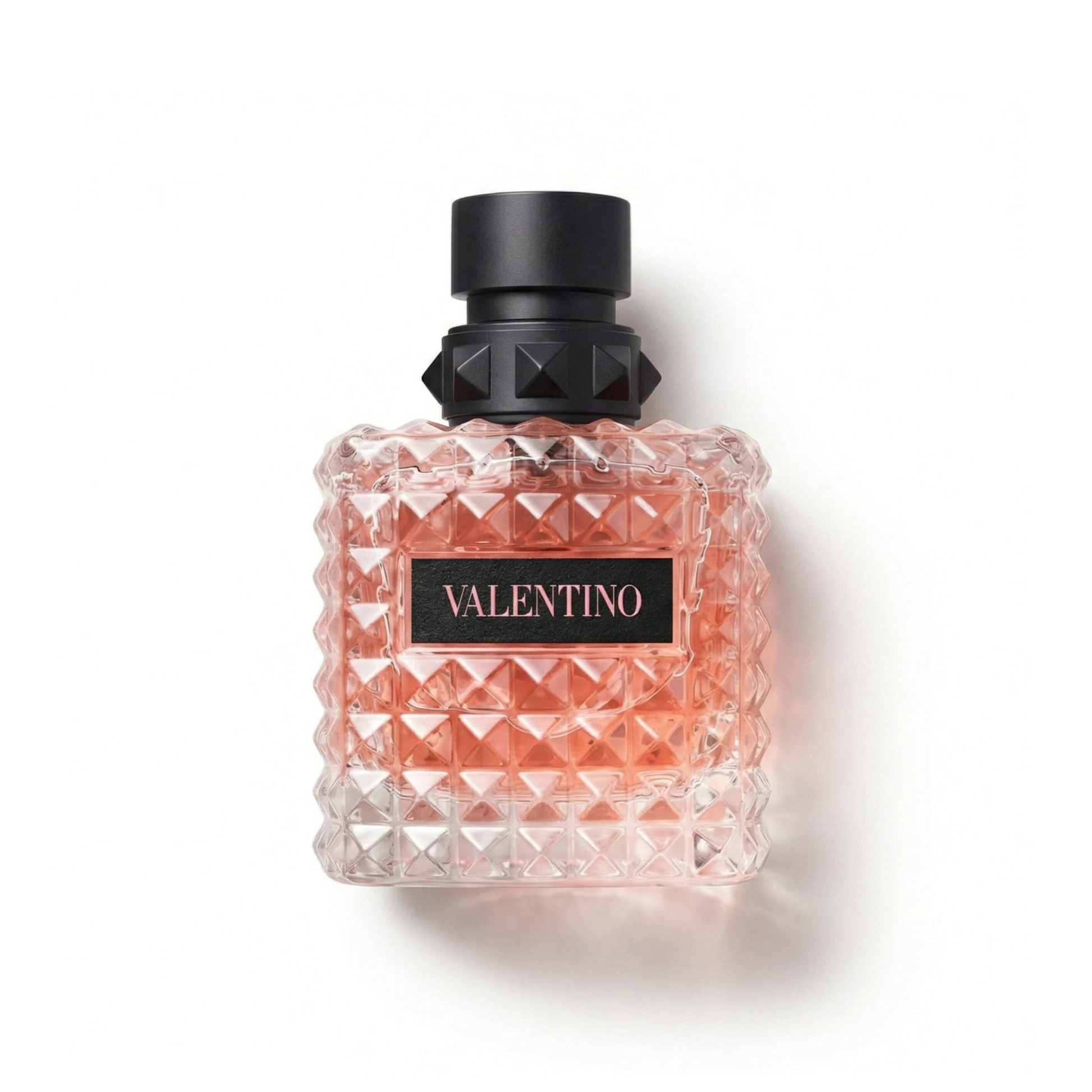 Bottle of Valentino Donna Born in Roma EDP EDP fragrance on a white background with soft shadow