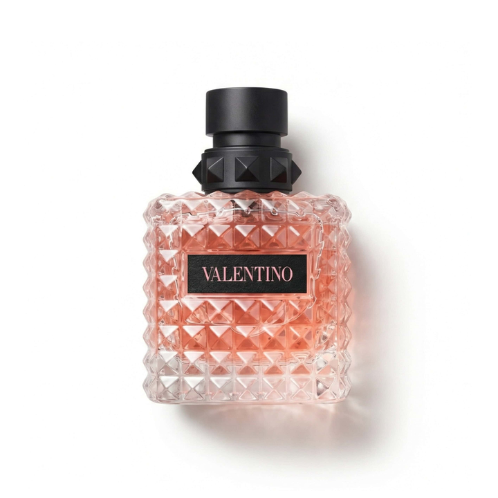 Bottle of Valentino Donna Born in Roma EDP fragrance on a white background with soft shadow