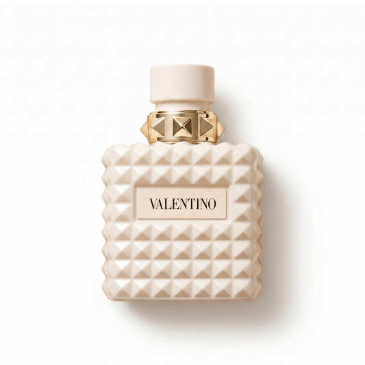 Bottle of Valentino Donna Born in Roma Ivory EDP fragrance on a white background with soft shadow