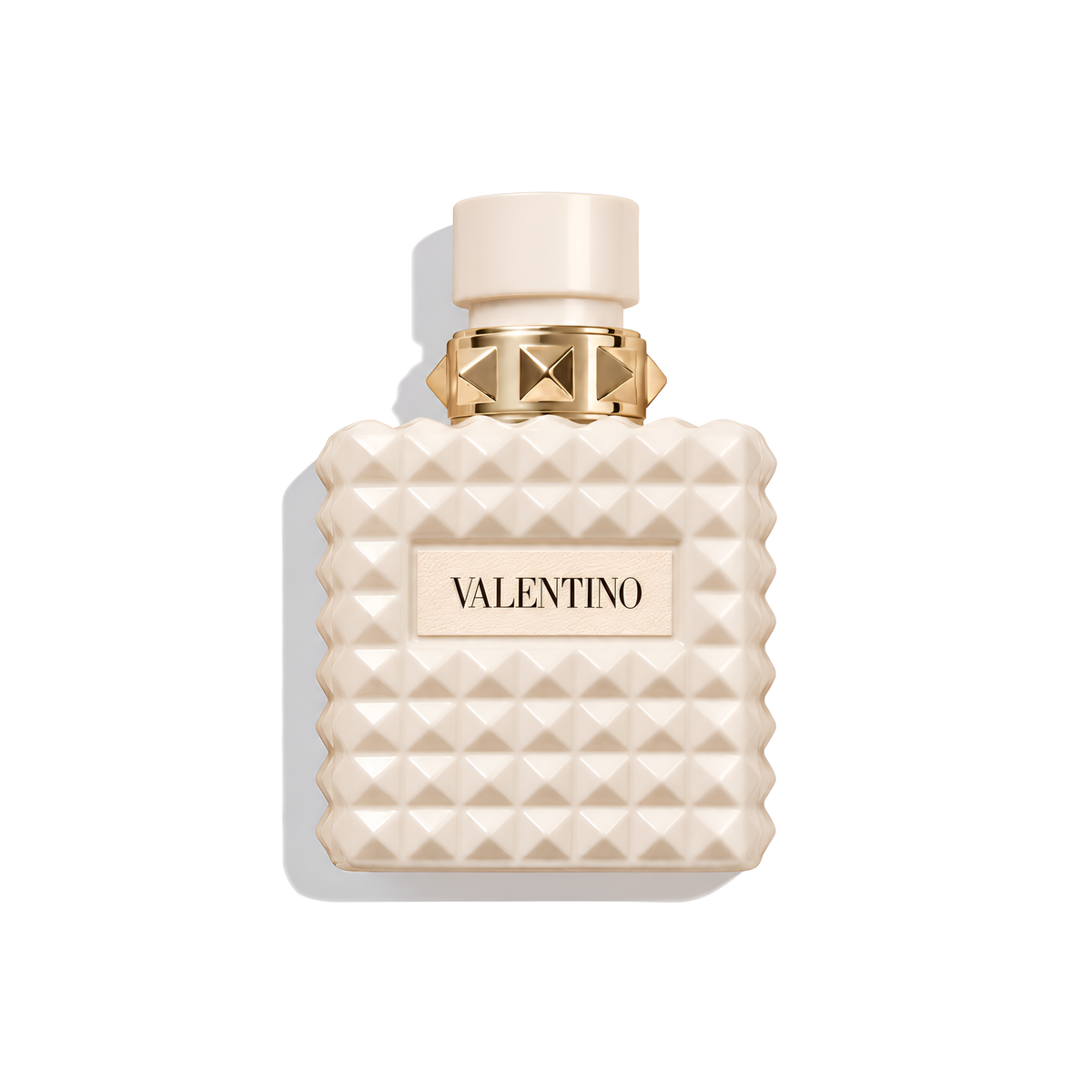 Bottle of Valentino Donna Born in Roma Ivory EDP fragrance on a white background with soft shadow