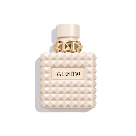 Bottle of Valentino Donna Born in Roma Ivory EDP fragrance on a white background with soft shadow
