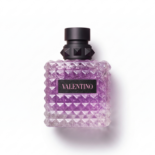 Bottle of Valentino Donna Born in Roma Purple Melancholia EDP fragrance on a white background with soft shadow