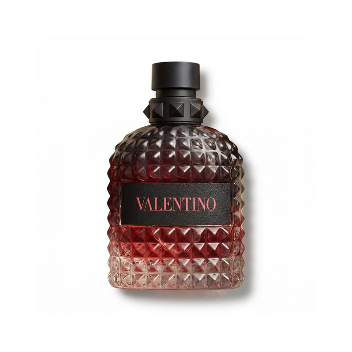 Bottle of Valentino Uomo Born In Roma Coral Fantasy EDT fragrance on a white background with soft shadow