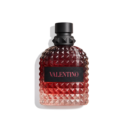 Bottle of Valentino Uomo Born In Roma Coral Fantasy EDT fragrance on a white background with soft shadow
