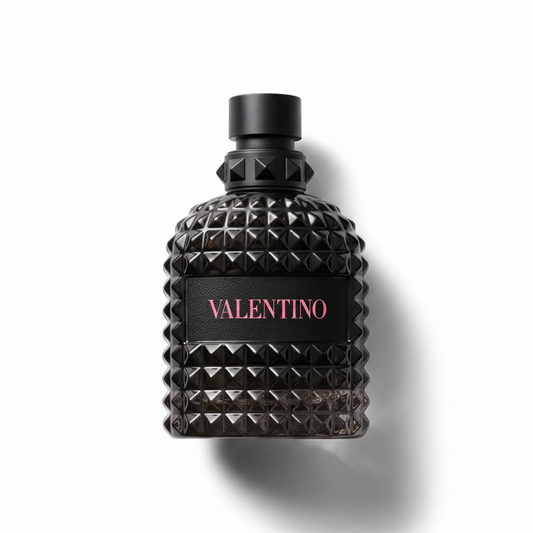 Bottle of Valentino Uomo Born In Roma Extradose fragrance on a white background with soft shadow