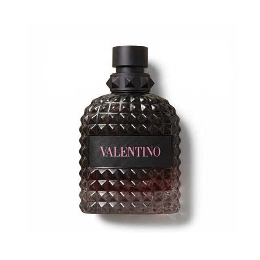 Bottle of Valentino Uomo Born In Roma Intense EDP fragrance on a white background with soft shadow