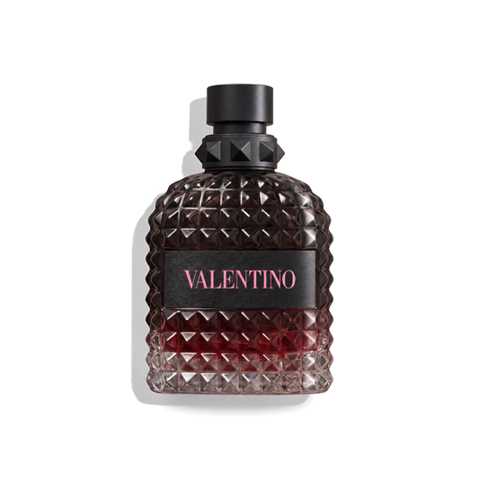 Bottle of Valentino Uomo Born In Roma Intense EDP fragrance on a white background with soft shadow