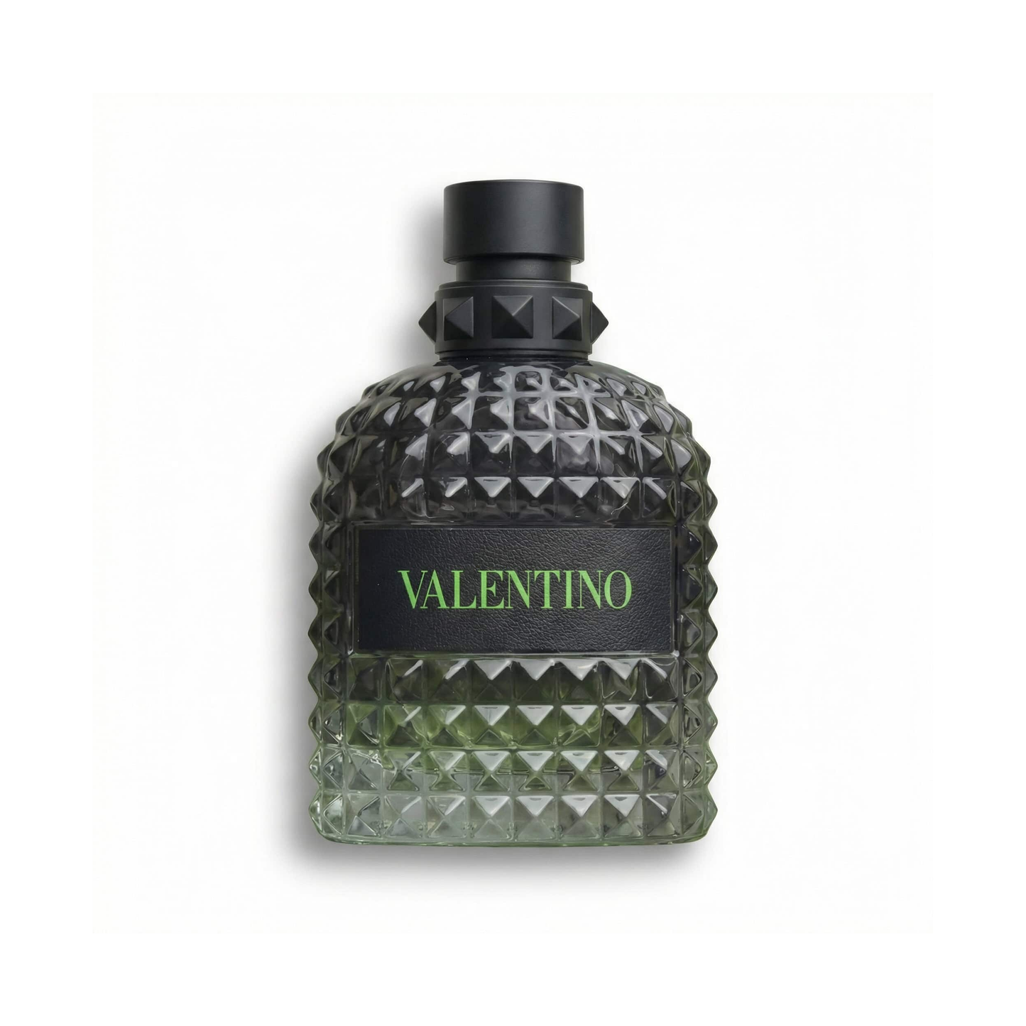 Bottle of Valentino Uomo Born in Roma Green Stravaganza EDT fragrance on a white background with soft shadow