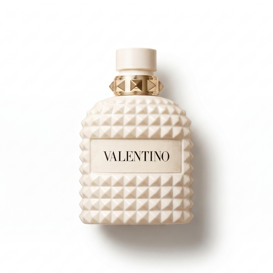 Bottle of Valentino Uomo Born in Roma Ivory EDT fragrance on a white background with soft shadow