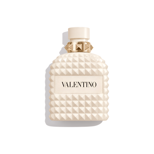 Bottle of Valentino Uomo Born in Roma Ivory EDT fragrance on a white background with soft shadow