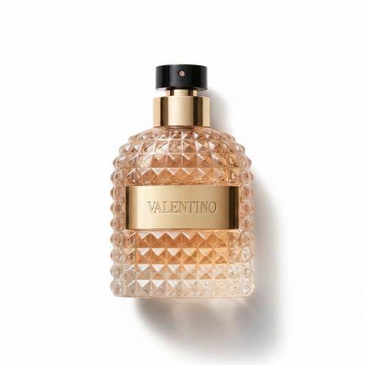 Bottle of Valentino Uomo EDT fragrance on a white background with soft shadow