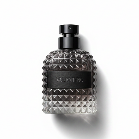 Bottle of Valentino Uomo Intense EDP fragrance on a white background with soft shadow