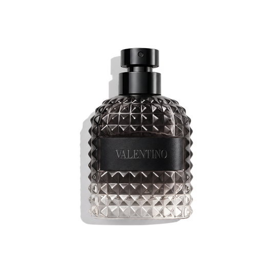 Bottle of Valentino Uomo Intense EDP fragrance on a white background with soft shadow